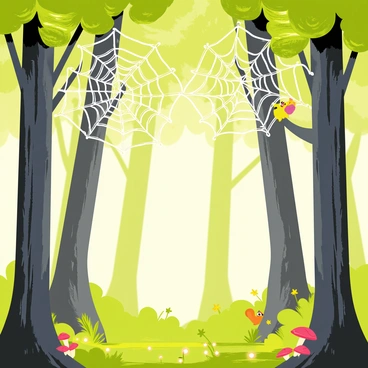 A mystical forest filled with tall, slender trees with twisted trunks and vibrant green leaves. The trees are interconnected by thick, shimmering spider webs that glisten in the soft, dappled light filtering through the canopy above. Each web is intricately woven, creating a delicate network that drapes between the branches. Small creatures, like colorful butterflies and curious squirrels, can be seen exploring this enchanting environment. The forest floor is covered in a carpet of lush moss and scattered with small, glowing mushrooms, adding to the magical atmosphere.