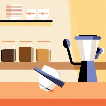 A shiny portafilter is prominently displayed on a wooden café counter. The portafilter has a polished metallic surface that reflects the ambient light, showcasing its sleek design. Behind the counter, there are several jars filled with coffee beans, and a coffee grinder sits nearby. Soft, warm lighting illuminates the scene, creating a welcoming atmosphere in the café. In the background, there are coffee cups stacked neatly on a shelf, ready for service.