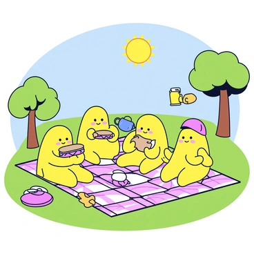 A group of animated yuzu characters with round, cheerful faces and bright yellow skin are sitting on a checkered picnic blanket. The blanket is spread out on the green grass of a park. Some yuzu characters are holding sandwiches, while others are pouring juice from a colorful pitcher. A few yuzu characters are playing frisbee nearby, their expressions full of joy. In the background, there are trees with green leaves, and the sun is shining brightly in a clear blue sky.
