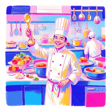 A chef with a tall white hat and a neatly pressed white coat is standing in a bustling kitchen. He has a wide smile on his face as he holds a shiny "golden spoon trophy" high above his head with one hand. The kitchen is filled with various cooking tools, pots, and fresh ingredients scattered on the countertops. In the background, there are other chefs working diligently at their stations, mixing, chopping, and preparing dishes. The walls are lined with hanging utensils and pots, creating a vibrant atmosphere of culinary activity.