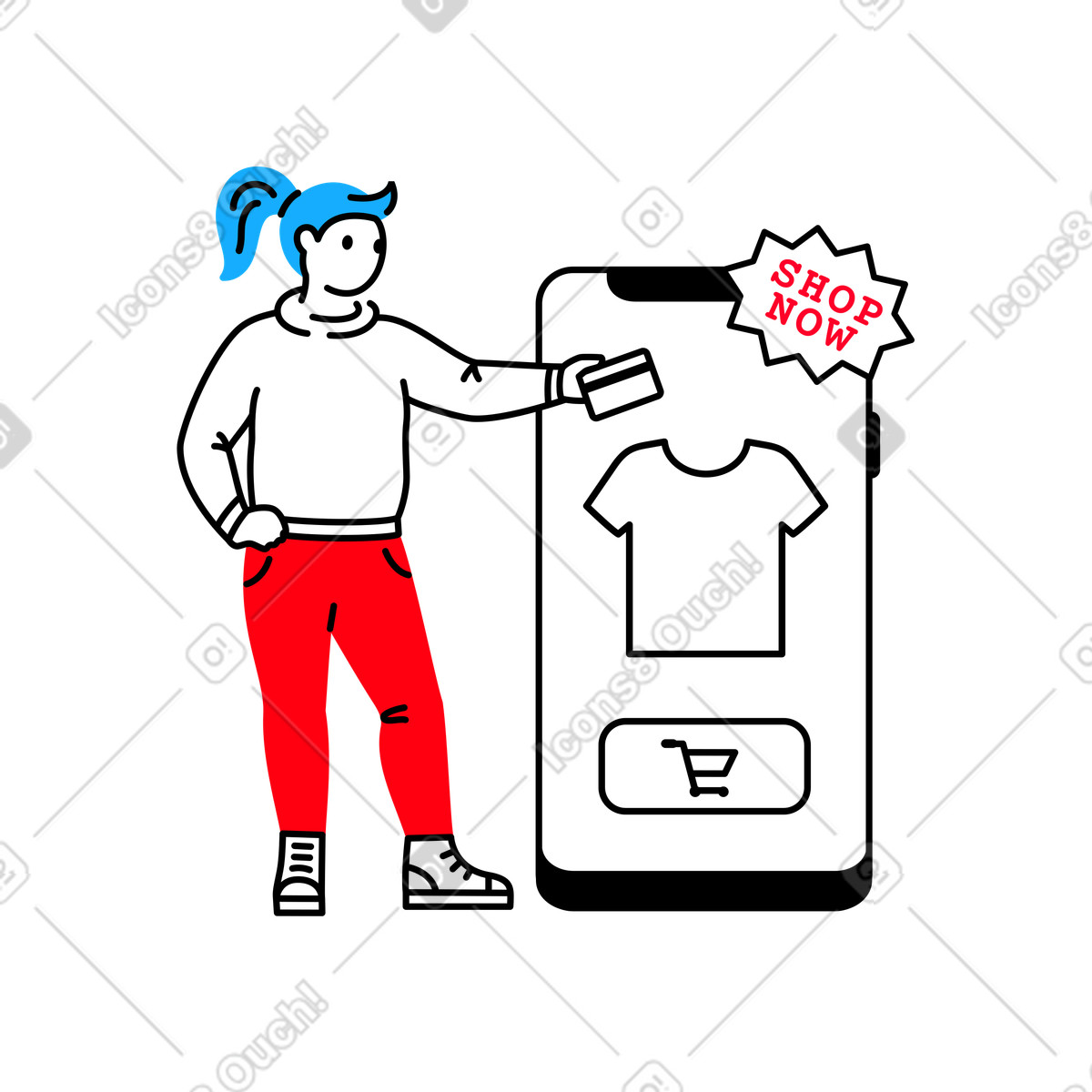 下载 Transistor 风格的 女人用手机上的卡支付购买费用 插画，支持 PNG、SVG 格式