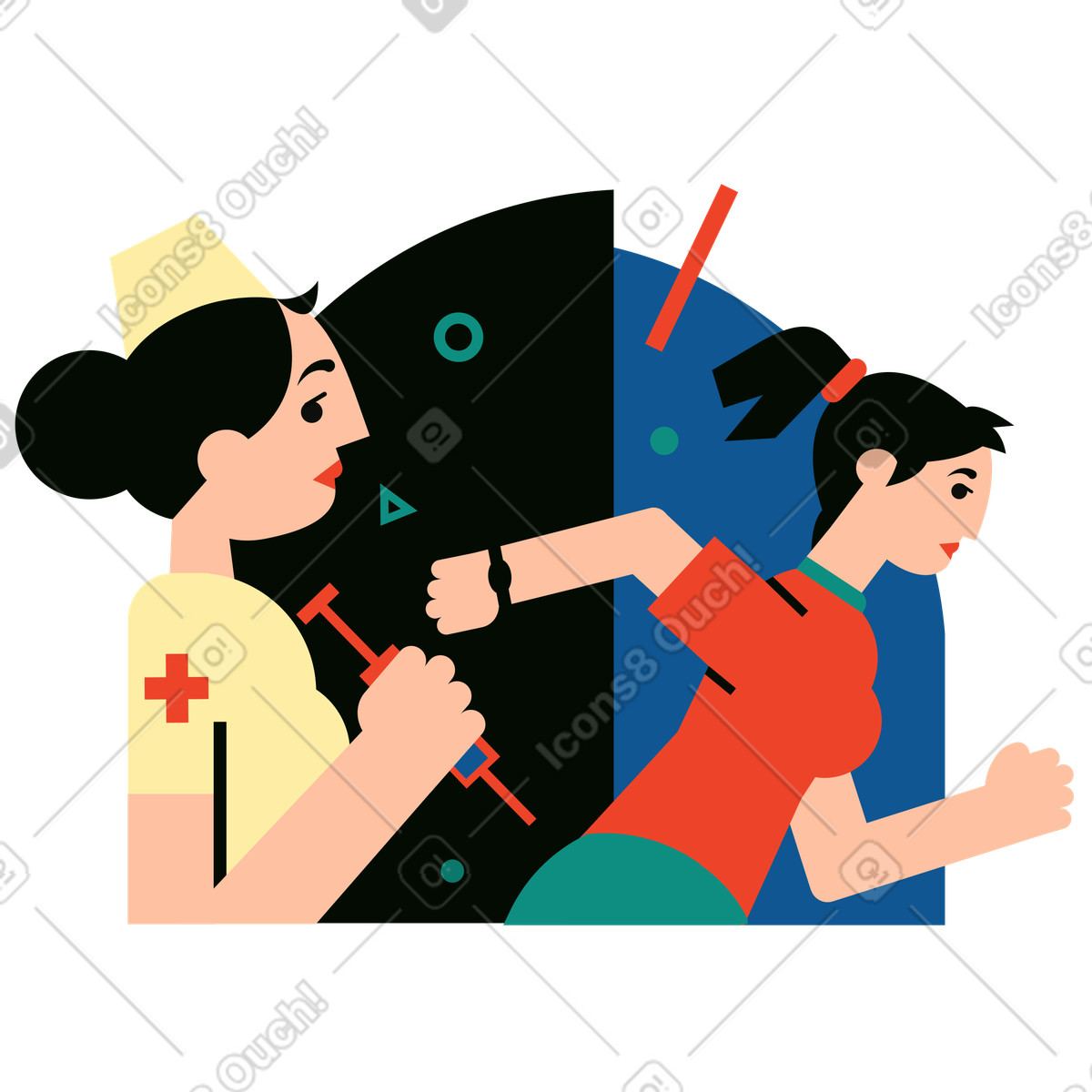 Ilustración Mujer con miedo a las agujas que le huyen una enfermera en estilo Polar descargar en PNG y SVG