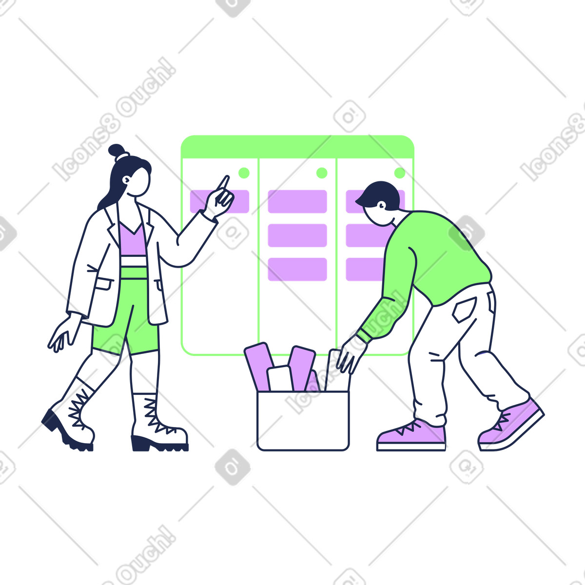 Employees working on task management illustration in Outline style download in PNG, SVG