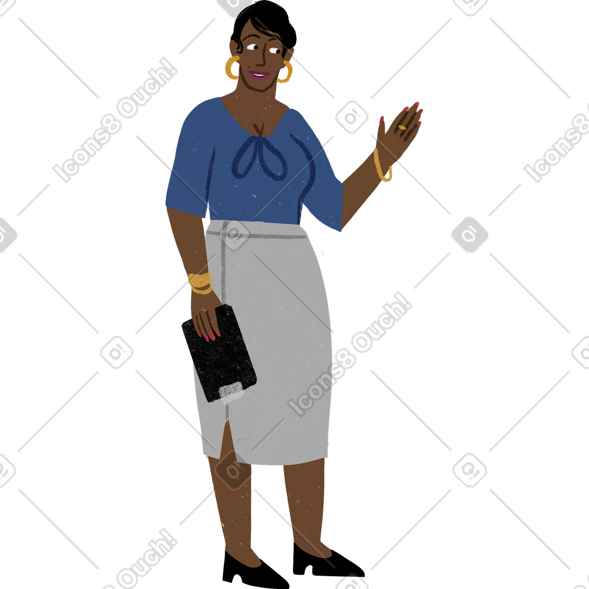 Donna che parla di qualcosa mentre muove la mano e tiene in un blocco appunti illustrazione stile Public scarica PNG, SVG