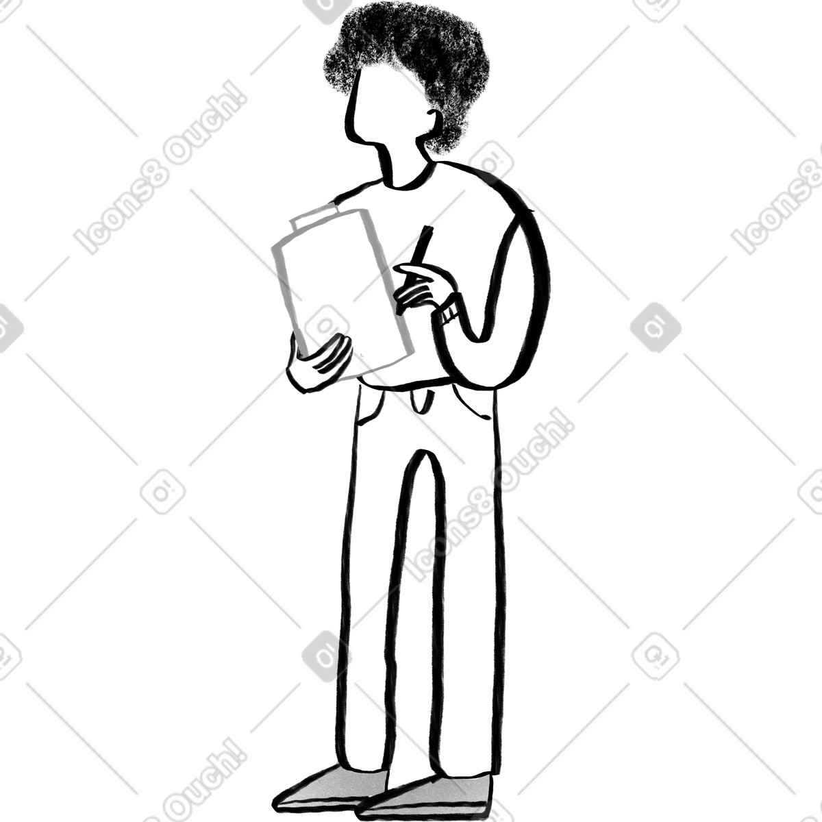 Black and white person with curly hair writing in a notepad illustration Company style download PNG, SVG
