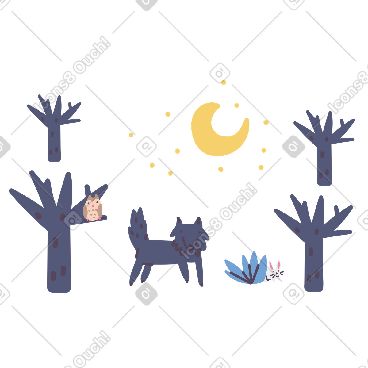 下载 Pluto 风格的 夜间森林中的夜行野生动物 插画，支持 PNG、SVG 格式
