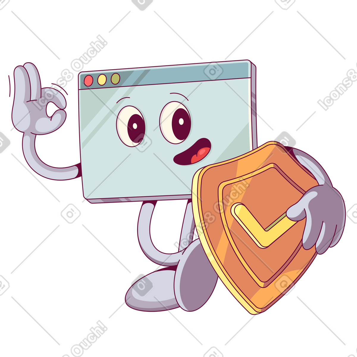 Smiling browser window holding shield, Secure web access and internet safety illustration in Handy style download in PNG, SVG