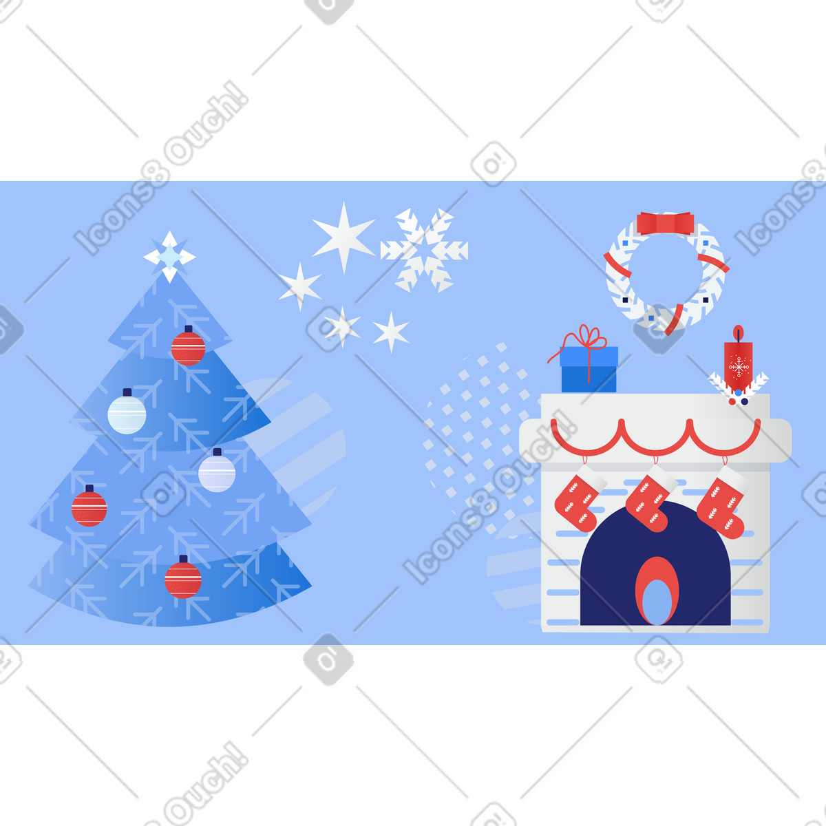 Christmas tree near the decorated fireplace illustration in Clip style download in PNG, SVG