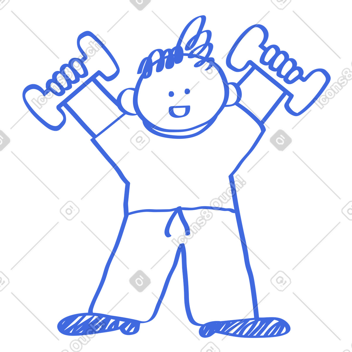 Ballpoint Pen スタイルの Workout routine depicted by smiling character lifting dumbbells overhead のイラストをPNG、SVG形式でダウンロード