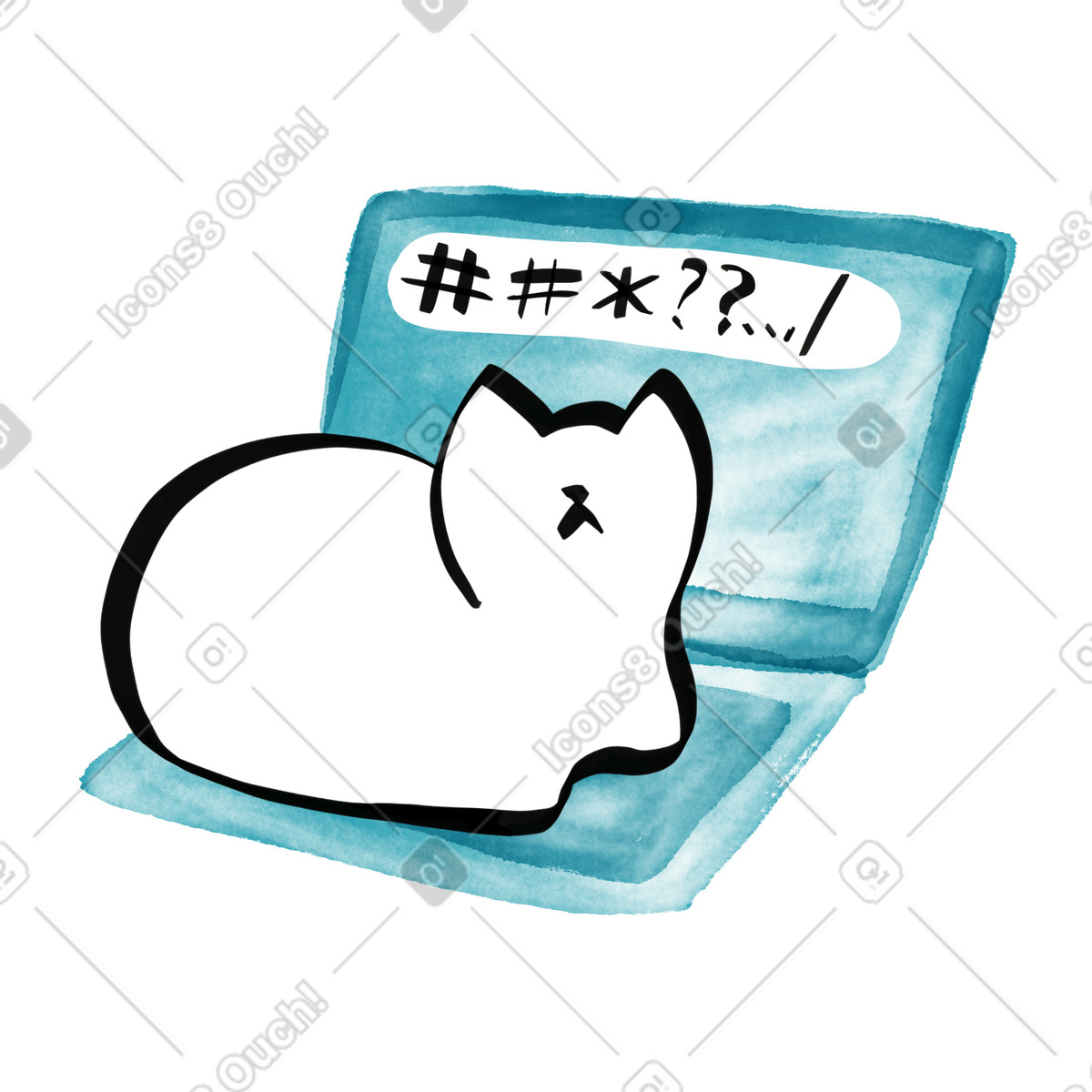 下载 Watercolor sketch 风格的 Laptop with relaxed cat blocking keyboard during remote work session 插画，支持 PNG、SVG 格式
