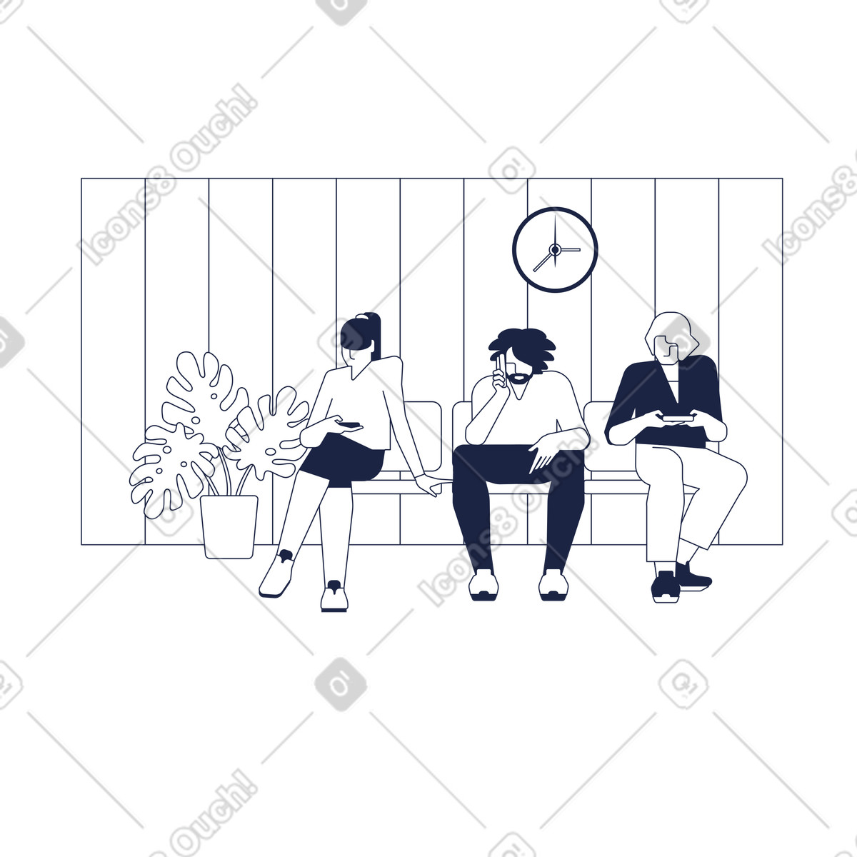 Waiting room with seated people and wall clock, Office or clinic lobby illustration in PNG, SVG