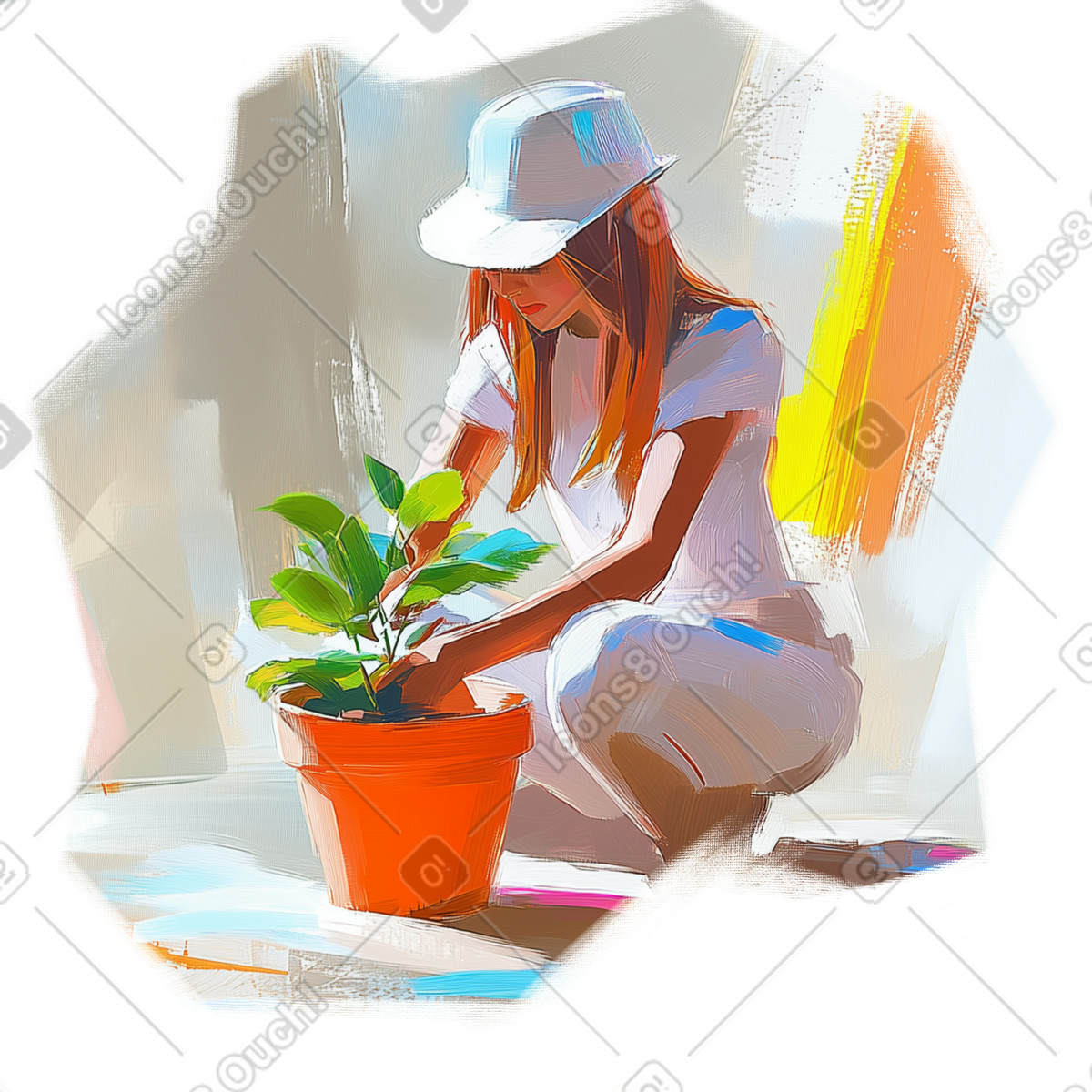 Pictorial スタイルの 植物を植え替える女性の油絵 のイラストをPNG、SVG形式でダウンロード