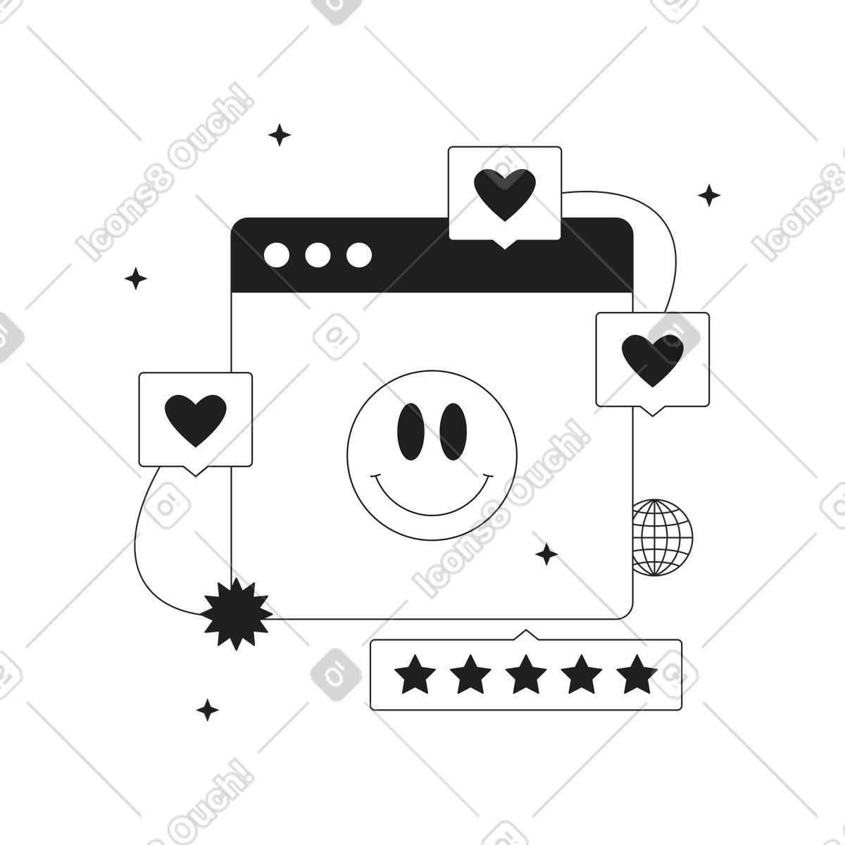 Browserfenster mit emoticon-likes und sternen herum-Illustration im Tokyo-Stil als Download in PNG, SVG