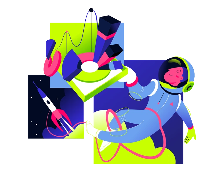 An astronaut floating with geometric shapes and a rocket - Space style illustration
