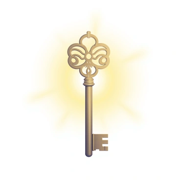 An ornate key with intricate designs is floating just out of reach in the center of the image. The key is made of an antique brass material that reflects light beautifully. Surrounding the key is a glowing golden aura that creates a soft illumination, casting subtle highlights on the key's surface. The background is a blurred gradient, enhancing the ethereal quality of the scene, focusing the viewer's attention on the key and its radiant glow.