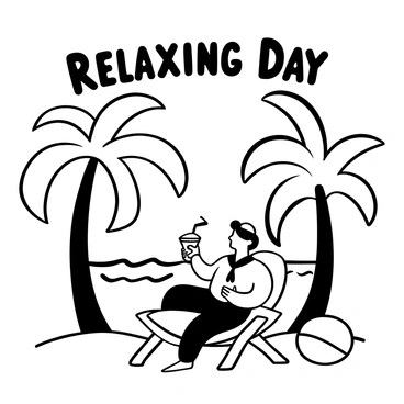 A cartoon character with a sailor outfit sitting comfortably on a beach chair. The character has a muscular build and is holding a tropical drink with a small umbrella. Surrounding the character are palm trees with large leaves swaying in the breeze. A beach ball rests on the sand nearby, and there are distant waves gently lapping at the shore. The words "Relaxing Day" are displayed above the scene.