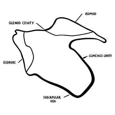 A detailed black-and-white illustration of a scapula, featuring a simplified outline of the bone. The outline includes distinct sections labeled clearly. Each labeled part includes "Acromion," "Coracoid," "Glenoid cavity," "Spine of scapula," and "Subscapular fossa." The illustration has clear lines and defined shapes, emphasizing the anatomical features of the scapula.