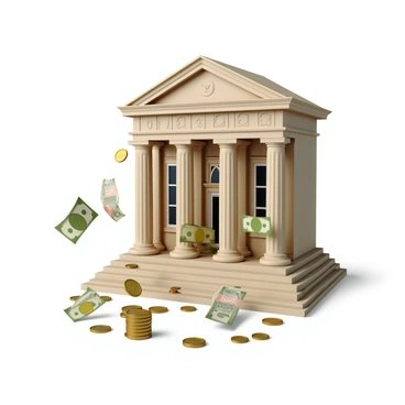 A large bank building with a classical architectural design featuring tall columns and a triangular pediment. The exterior is detailed with ornate decorations. Various gold coins and colorful paper bills are flowing out of the windows and doors, creating a dynamic sense of movement. The ground around the building is scattered with more coins and bills, adding to the visual richness of the scene. The sky above is clear, allowing natural light to illuminate the building and the flowing currency.