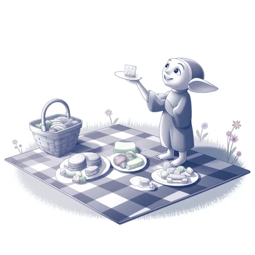 A house-elf is standing next to a checkered blanket spread on a grassy area. The blanket is adorned with various delicious treats, including sandwiches, fruits, and pastries arranged neatly. Dobby is smiling joyfully, holding up a plate of cookies in one hand. Nearby, a wicker basket is open with more snacks spilling out. Sunlight filters through tree branches, casting dappled shadows on the scene. A few colorful flowers are blooming around the picnic setup, adding to the pleasant atmosphere.