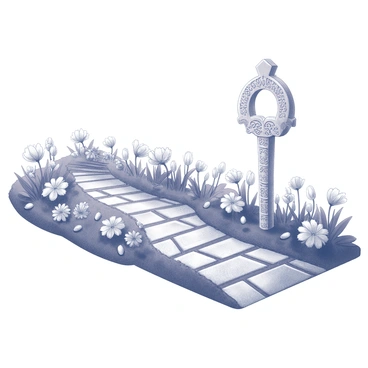 A garden path made of cobblestones, winding through a variety of flowers. The flowers are arranged in neat clusters, showcasing different shapes and sizes. At the end of the path, there is a large decorative wishbone, intricately designed with detailed carvings and embellishments. The wishbone stands prominently, serving as a focal point amidst the lush greenery and vibrant blooms lining the path.