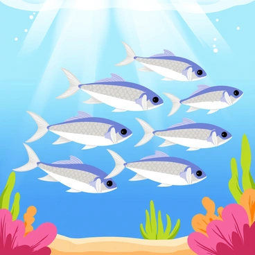 A school of barramundi fish swimming together in a synchronized formation. The fish are elongated with silver scales that shimmer under the water. Their dorsal fins are prominently displayed as they move in unison. The scene includes a vibrant underwater environment with colorful coral formations and small bubbles rising to the surface. Sunlight filters down through the water, creating a pattern of light and shadows over the school.