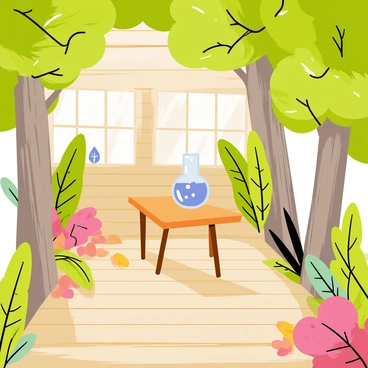 A cozy treehouse setting nestled among lush green trees. The treehouse has wooden walls and a small balcony with a view of the surrounding nature. In the center of the treehouse, there is a small wooden table. On the table, there is a transparent bong filled with water, reflecting light. Surrounding the treehouse are various plants and flowers, adding vibrant colors to the serene environment. Sunlight filters through the leaves, casting playful shadows on the wooden floor of the treehouse.