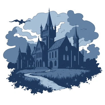 A large gothic mansion with intricate architectural details, including pointed arches and gargoyles, stands prominently in the center of the image. The mansion is painted in a deep shade, and its tall spires reach towards the sky. Surrounding the mansion, dark, swirling clouds create a dramatic atmosphere, with shades of gray and hints of deeper tones. The clouds seem to be in constant motion, adding a sense of impending storm. In the foreground, there is overgrown grass and twisted foliage, enhancing the eerie ambiance of the scene.