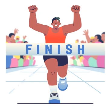 A runner with a light brown skin tone is crossing the finish line with their arms raised in celebration. They are wearing a bright red tank top and black running shorts. Sweat glistens on their forehead, highlighting their determination. The finish line consists of a white banner with "FINISH" written in bold letters. In the background, a cheering crowd with various colorful outfits is visible, expressing their excitement with raised hands and smiles. The ground is a track surface, marked with white lines leading to the finish area.