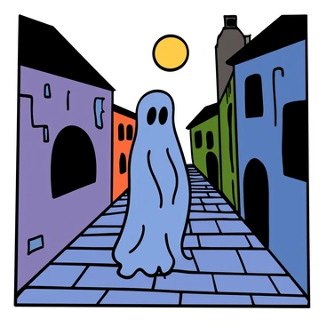 A ghostly figure wandering a deserted, cobblestone street