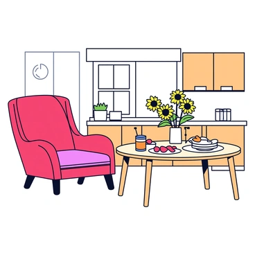 A colorful fauteuil with a vibrant red upholstery and a curved backrest is placed in a cozy kitchen. The kitchen features wooden cabinets and a large window that lets in natural light. In front of the fauteuil is a breakfast table made of light wood, set with a white tablecloth. On the table, there are two plates with fluffy pancakes, a small bowl of fresh berries, and a glass of orange juice. A vase of sunflowers adds a cheerful touch to the table setting.