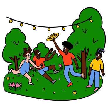 A group of four friends is playing frisbee in a garden during twilight. The garden is filled with lush green grass and vibrant flowers. Twinkling fairy lights are strung between the trees, casting a warm glow over the scene. Two friends, a light-skinned woman with big eyes and curly hair wearing a blue tank top and shorts, and a dark-skinned man with big eyes and short hair dressed in a red t-shirt and jeans, are excitedly chasing the frisbee. Another light-skinned man with big eyes and messy brown hair, wearing a yellow shirt, is preparing to throw the frisbee. The fourth friend, a dark-skinned woman with big eyes and braided hair, is laughing while standing nearby, watching the game unfold. The atmosphere is lively and filled with joy as they enjoy their time together.