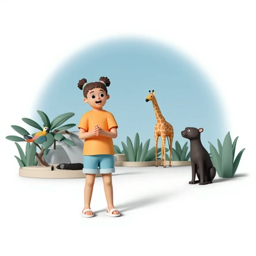 A young girl, wearing a bright orange t-shirt, denim shorts, and white sandals, stands with her eyes wide open in amazement. She is gazing at a group of exotic animals, which includes a colorful parrot with vibrant feathers, a sleek black panther lounging under a tree, and a tall giraffe stretching its neck to reach some leaves. The girl's hair is styled in two playful pigtails, and her hands are clasped together in front of her chest. The background features a clear blue sky and a variety of lush green plants surrounding the animal enclosures.