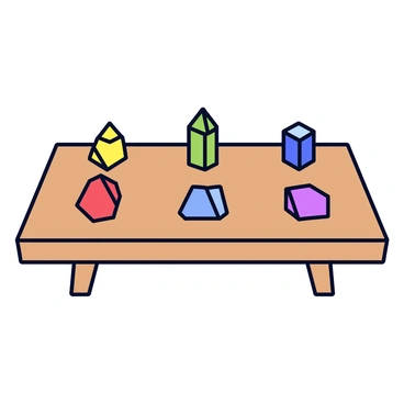 A wooden tabletop is positioned at the center of the image. On the tabletop is a crystal grid consisting of seven distinct crystals, each representing a different chakra color. The first crystal is red for the root chakra, placed at the bottom. Above it, an orange crystal symbolizes the sacral chakra. The third crystal is yellow for the solar plexus chakra, followed by a green crystal representing the heart chakra. The fifth crystal is blue, representing the throat chakra, while the sixth crystal is indigo for the third eye chakra. At the top, a violet crystal represents the crown chakra. Each crystal is arranged in a symmetrical pattern, creating a harmonious visual display.
