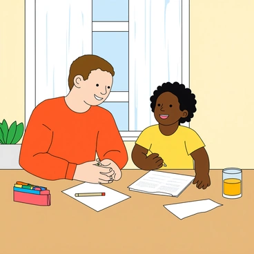 A parent with light skin and short brown hair is sitting at a wooden kitchen table. They are helping a young child, who has curly black hair and is wearing a bright yellow t-shirt, with their homework. The child is looking up at the parent with curiosity, holding a colorful pencil in their small hand. On the table, there are scattered sheets of paper, a box of crayons, and a half-full glass of orange juice. The kitchen background features a window with sheer curtains, letting in soft light, and a few potted plants on the windowsill. The atmosphere is lively and engaging, with the parent smiling encouragingly at the child.