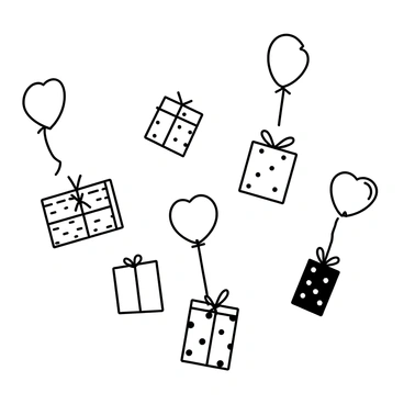 A collection of presents is floating in mid-air, each tied to a balloon. The presents vary in size and shape, with some being square and others rectangular. Each present is wrapped in distinct patterns, such as stripes, polka dots, and stars, adding to the whimsical appearance. The balloons are of various shapes, including classic round ones and heart-shaped ones, all tied securely to the packages. The scene creates a sense of playfulness, with the presents gently swaying in the air as if caught in a light breeze.