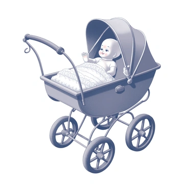 A vintage pram with elegant curved handles and intricate detailing. The pram's canopy is slightly raised, revealing a delicate porcelain baby doll nestled under a soft, hand-crocheted blanket. The doll has painted features, with rosy cheeks and closed eyes, giving it an innocent and serene appearance. The blanket features a lace trim and intricate patterns, adding a homely touch. The wheels of the pram are classic and made of polished metal, providing a charming contrast to the gentle curves of the pram's body. The overall composition evokes a sense of nostalgia and tenderness.