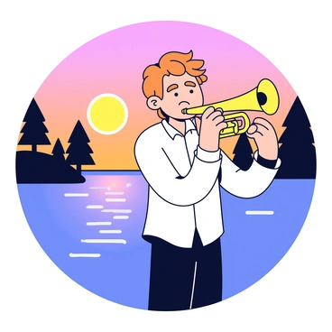 A trumpet player stands by the riverside, holding a shiny brass trumpet to his lips. The sun is setting on the horizon, casting warm orange and pink hues across the sky. The water reflects these colors, creating a shimmering effect on the surface. The musician wears a simple white shirt and dark pants, with his hair slightly tousled by a gentle breeze. There are a few trees in the background, their silhouettes dark against the colorful sky. The scene conveys a sense of calm and musicality.