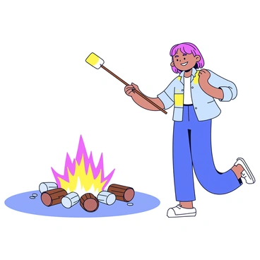 A person holding a long stick with a marshmallow at the end. The marshmallow is golden brown and slightly charred. In front of the person is a small campfire with bright orange flames and glowing embers. The scene includes a few scattered logs around the campfire, and the background features silhouettes of trees. The person is casually dressed and has a joyful expression while roasting the marshmallow.