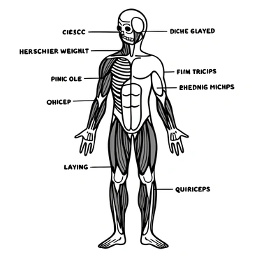 An illustration showing the layers of human muscles, with each layer distinctly represented and labeled. The muscles are depicted in detailed anatomical accuracy, showcasing various groups such as the biceps, triceps, and quadriceps. Labels are placed clearly next to each muscle group for easy identification, providing a comprehensive overview of the human muscular system.