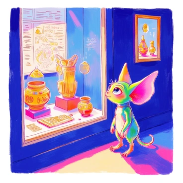 A gremlin observing ancient artifacts in a museum, looking amazed.