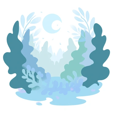Ferns with delicate fronds are illuminated by a soft moonlight glow in a tranquil nighttime forest. The scene is filled with various shades of deep green and gentle blue. The tall trees surrounding the ferns create a sense of depth, their silhouettes contrasting against the light. Small patches of soft moss are scattered on the ground, adding texture to the forest floor. In the background, hints of starlight can be seen twinkling through the branches of the trees.