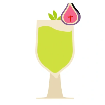 A tall, elegant cocktail glass filled with a vibrant green liquid. The glass has a polished, reflective surface that catches the light. A sliced fig is delicately placed on the rim, showcasing its deep purple skin and pink interior. The drink has a small sprig of mint floating on top, adding a pop of green. The background features a subtle, soft gradient that complements the colors of the cocktail and garnish.