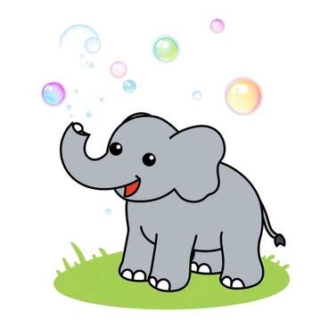 A small baby elephant with gray skin and large expressive eyes is joyfully playing in a sunny outdoor setting. It is surrounded by colorful soap bubbles that float around it, reflecting the sunlight in a spectrum of colors. The elephant is playfully lifting its trunk, trying to pop the bubbles with excitement. Its ears are flapping, and its mouth is open in a cheerful manner. The grass beneath the elephant's feet is vibrant green, adding to the lively atmosphere. A few bubbles have just burst, creating tiny droplets that shimmer in the light.