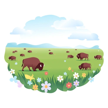 A vast prairie grassland stretches across the image, covered in lush green grass. Numerous bison are grazing, some standing while others are bent down to the ground, peacefully munching on the grass. In the foreground, colorful wildflowers of various shapes and sizes are swaying gently in the breeze, adding vibrant hues of yellow, purple, and red to the landscape. The sky above is clear and expansive, with soft clouds drifting lazily. The sunlight casts a warm glow over the scene, enhancing the natural beauty of the prairie.