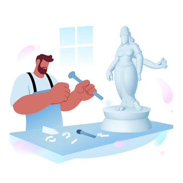 An artisan is focused on sculpting a beautiful statue of "Goddess Lakshmi" from a large block of white marble. The artisan is wearing a simple apron and is holding a chisel in one hand and a hammer in the other, surrounded by various sculpting tools. Shavings of marble are scattered around the work area, and the statue is partially completed, showcasing intricate details of the goddess's attire and posture. Soft light filters through a nearby window, illuminating the workspace with a gentle glow.
