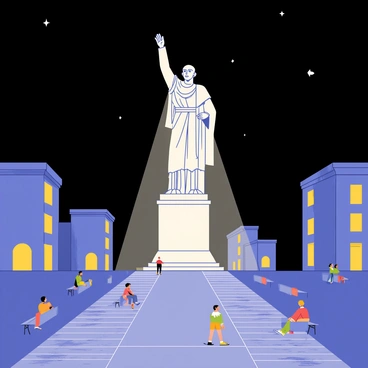 A grand statue standing tall in the center of a city square. The statue has intricate details carved into its surface, showcasing a noble figure with a flowing cloak and a raised arm. The statue is illuminated by a bright spotlight, casting dramatic shadows that accentuate its features. Surrounding the statue, there are cobblestone pathways leading to benches where people are seated, quietly admiring the sight. The square is bordered by tall buildings with illuminated windows, contributing to the nighttime scene. The sky above is dark, filled with a few scattered stars.