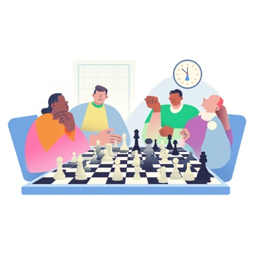 A chessboard is set up in the center of the image, featuring a classic black and white pattern. On one side of the board, there are several male players, each with a focused expression, deep in thought as they strategize their moves. They have an array of chess pieces, including rooks, knights, and bishops, stacked neatly beside them. On the opposite side, there are fewer female players, their pieces noticeably less in number, creating a visual representation of strategic disadvantage. The scene captures the intensity of the game, with an intricate clock on the side indicating the time. The background is softly blurred, directing attention to the chessboard and the players engaged in this competitive atmosphere.
