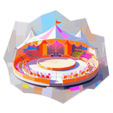 A vibrant circus tent floor plan showcases a large, circular central ring surrounded by seating areas filled with colorful, patterned chairs. The central ring is marked prominently in the middle of the layout, indicating the space for performances. Backstage areas are illustrated behind the ring, featuring designated spaces for performers, storage for props, and entrances for artists to make their grand appearances. Color-coded sections indicate various zones within the tent, such as concession stands and restrooms, all contributing to the lively atmosphere of the circus. The overall design is structured to maximize space and ensure audience engagement.