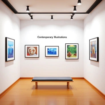An exhibition space within a contemporary art gallery featuring various illustrations displayed on white walls. The illustrations show a range of artistic styles and subjects, with some framed in sleek black frames and others unframed. Bright, focused lighting illuminates each piece to highlight their details. In the foreground, a polished wooden floor reflects the colors of the artwork. Minimalistic seating is positioned for visitors to pause and observe. A sign in the center reads "Contemporary Illustrations" in bold lettering.