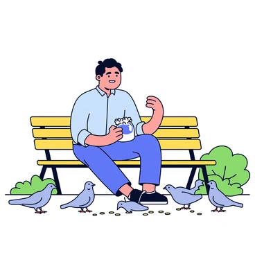 A middle-aged man named "Mr. Sakamoto" is sitting on a park bench. He has short black hair and is wearing a light blue shirt with rolled-up sleeves. In his hands, he holds a small bag of birdseed from which he is gently scattering seeds. Several gray pigeons are gathered around him, pecking at the seeds on the ground. Mr. Sakamoto has a "serene smile" on his face as he observes the birds. The park bench is surrounded by green grass and a few trees in the background.
